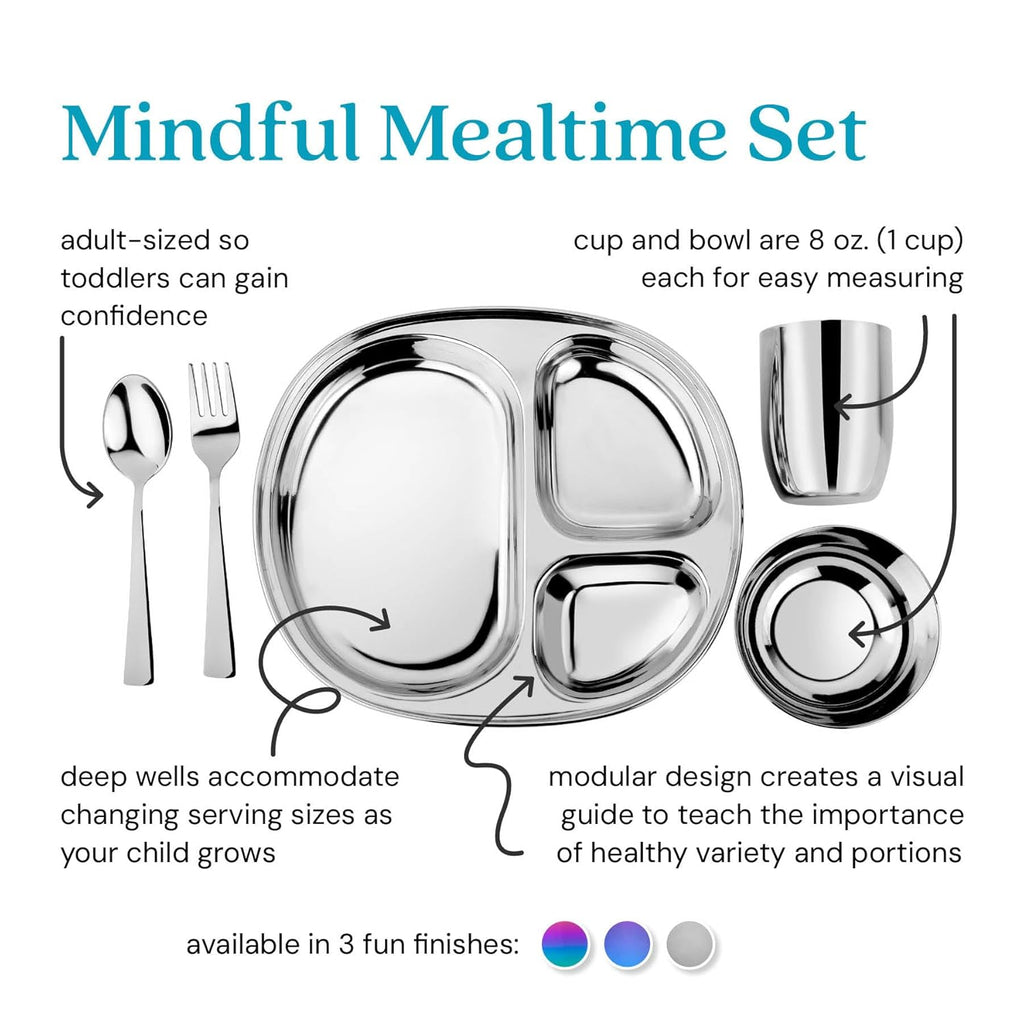 Ahimsa Stainless Steel Kids Dinnerware Set - 5 Piece Toddler Plates and Bowls Set, Pediatrician Designed, Includes Non Toxic Toddler Plate and Bowl, Kids Utensils and Cup (Classic Stainless Steel)