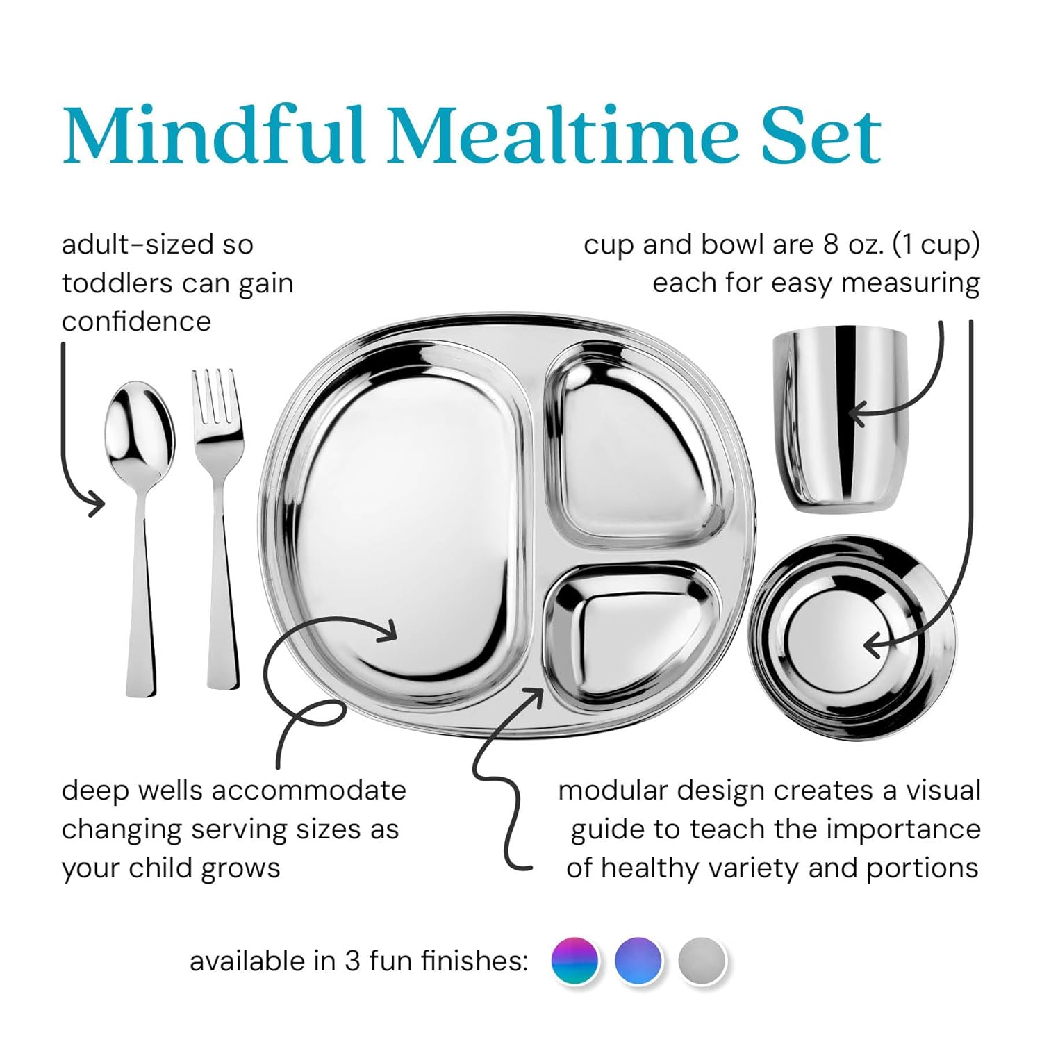 Ahimsa Stainless Steel Kids Dinnerware Set - 5 Piece Toddler Plates and Bowls Set, Pediatrician Designed, Includes Non Toxic Toddler Plate and Bowl, Kids Utensils and Cup (Classic Stainless Steel)