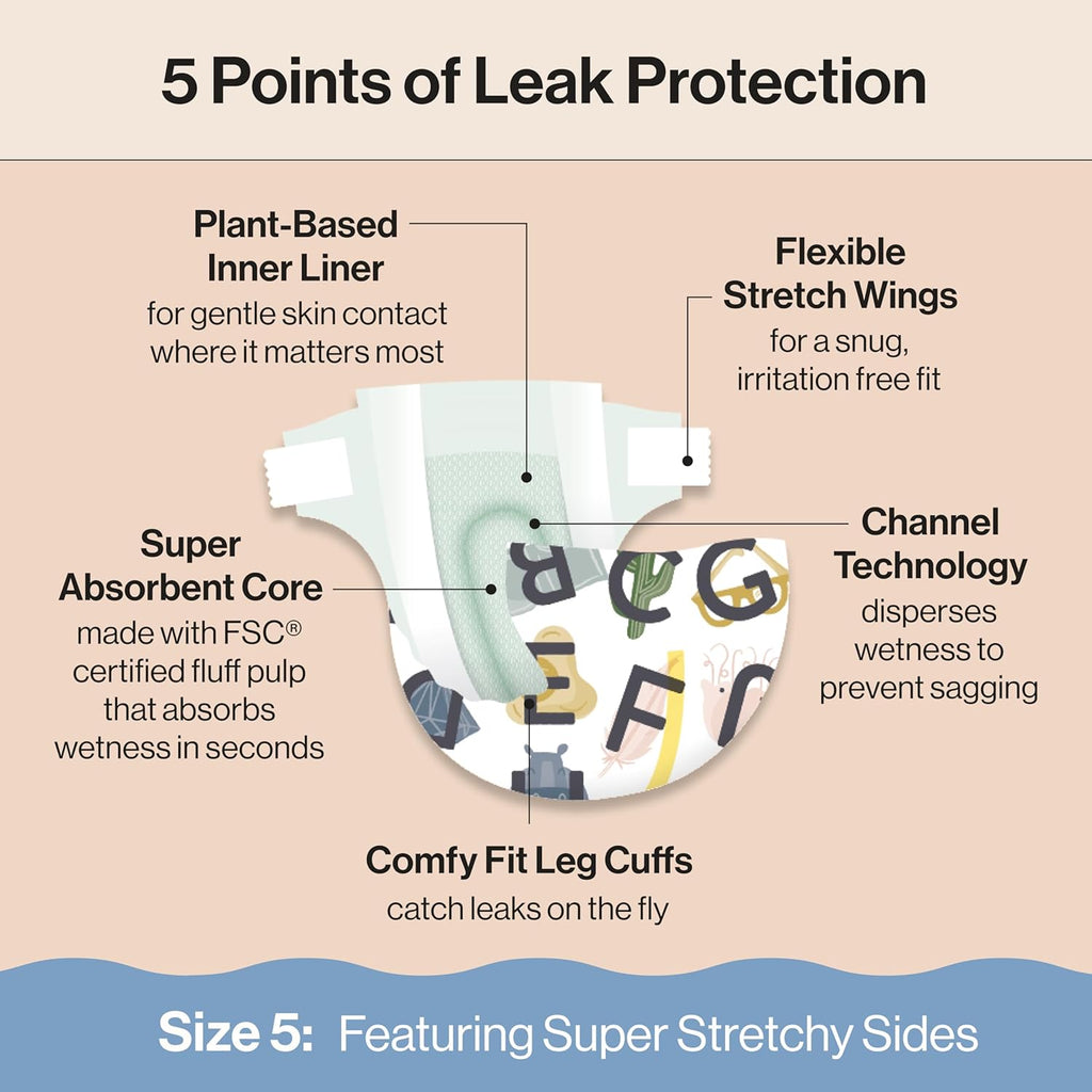 The Honest Company Clean Conscious Diapers for Delicate Skin | Up to 100% Leakproof | Hypoallergenic, Fragrance Free | Gender Neutral | Club Box, Size 5 (27+ lbs), 44 Count (Prints May Vary)