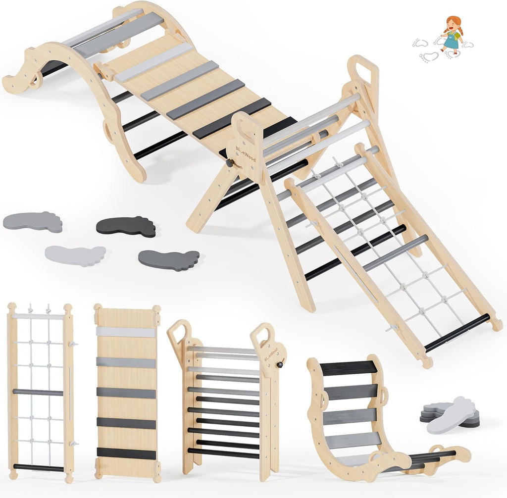 BlueWood 10-in-1 Pikler Triangle Set, Toddler Climbing Toys Indoor, Montessori Climber, Baby Jungle Gyms with Arch, Extra Rope Ladder & Footprint Balance Beam - Grey Twilight