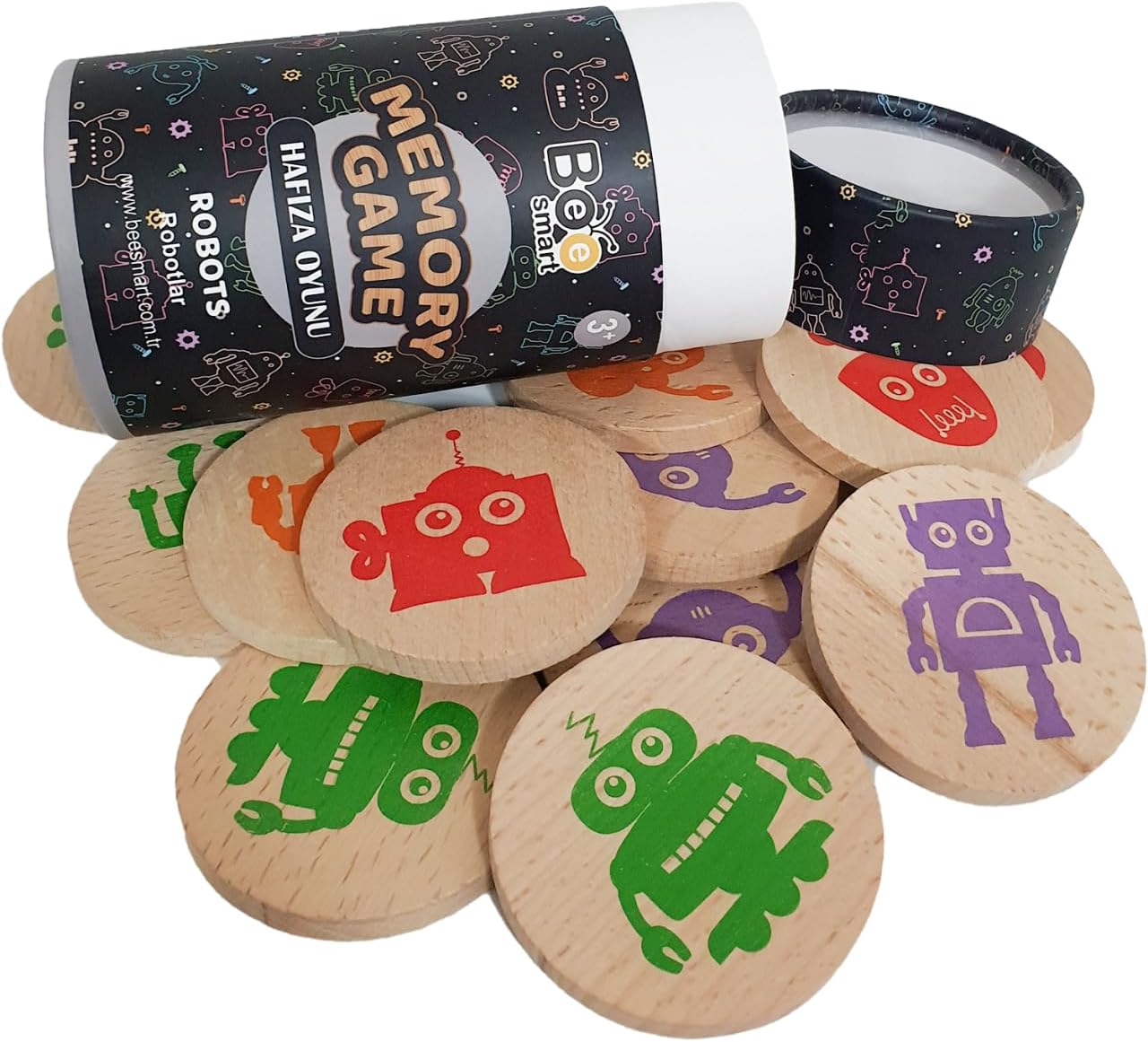 bee smart Wooden Memory Game - Matching Memory Game for Kids 3 and Up, 16Pcs | Educational Toy for Preschool Toddlers Board Games (Robots)
