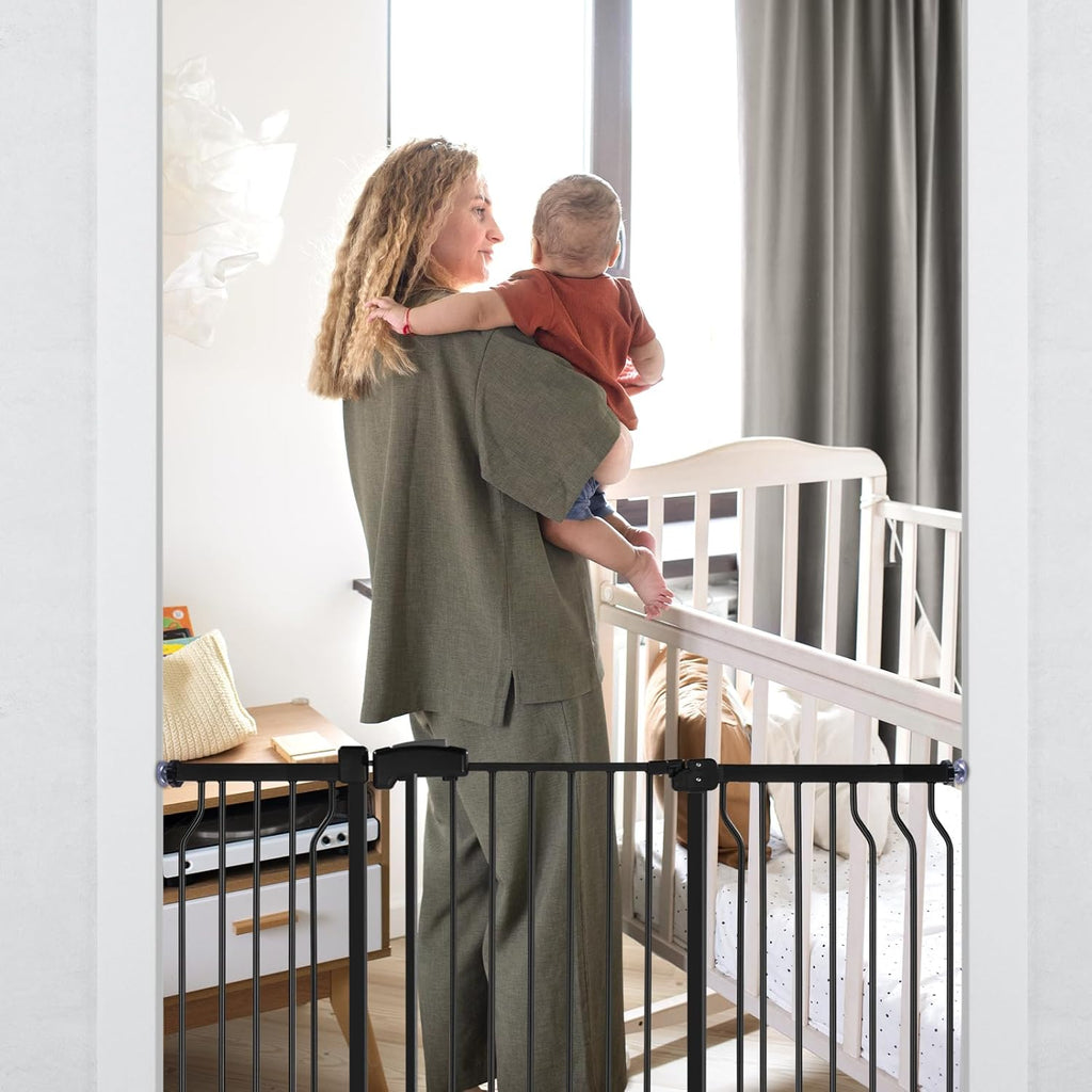 Extra Wide Baby Gate for Stairs Doorways with Door, 30" Tall 47.7-57.1" Wide Easy Install Dog Gate Indoor, Safety Metal Pressure Mounted Pet Gate with Walk-Thru Auto Close for the House, Black