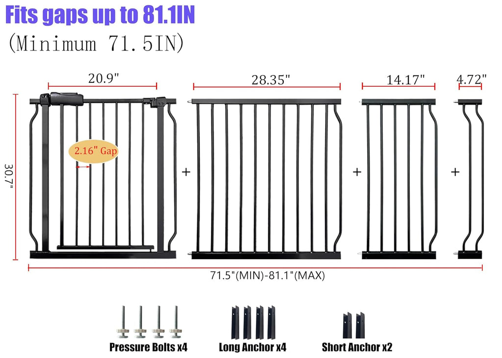 Extra Wide 76.4-81 Inch Large Baby Gates for Stairs, Doorways - No Drilling, Pressure Mounted Pet Gates for Kids & Dogs