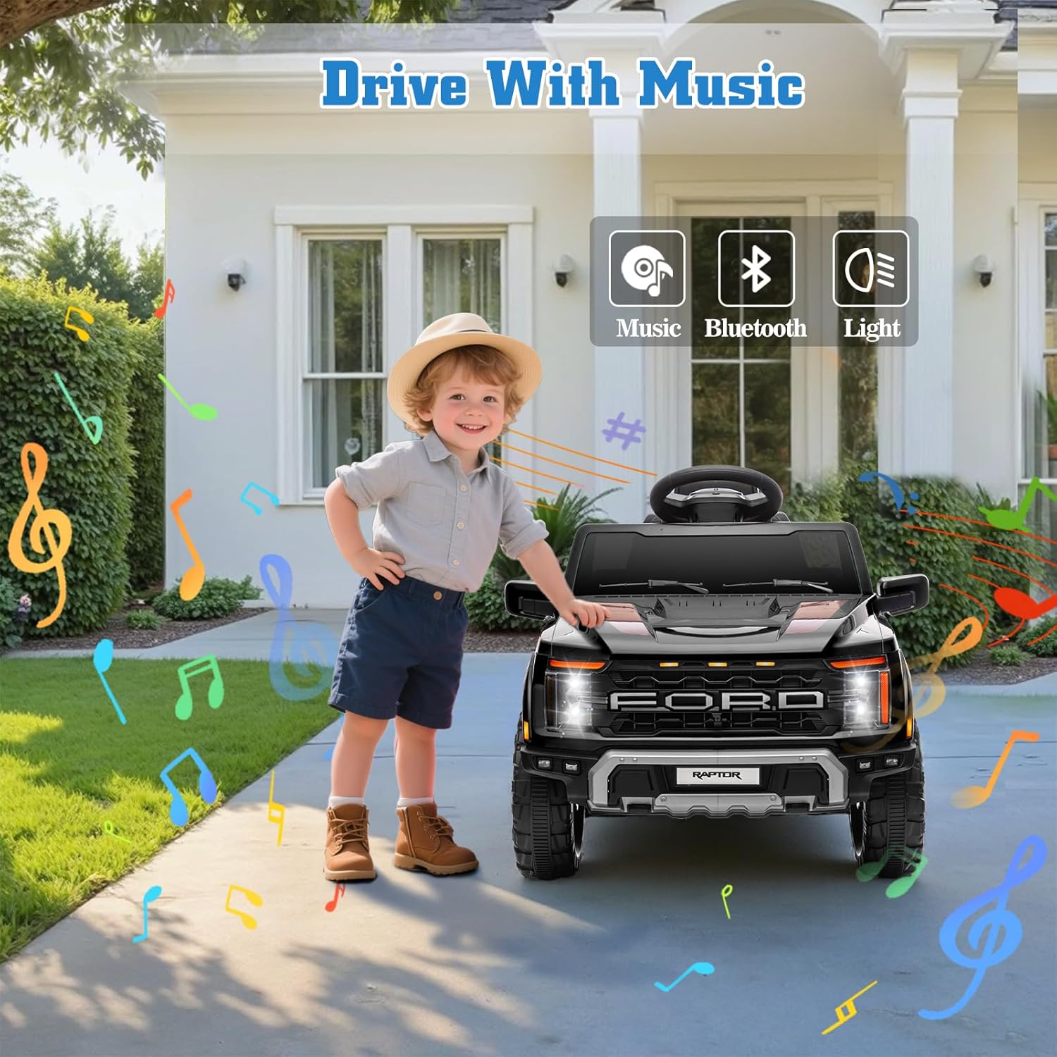 12V Ride on Car Licensed Ford F-150 Raptor, Kids Electric Car with Remote Control, LED Light/Music/MP3, Truck Bed Storage, 3-Point Seat Belt (12V, Black)