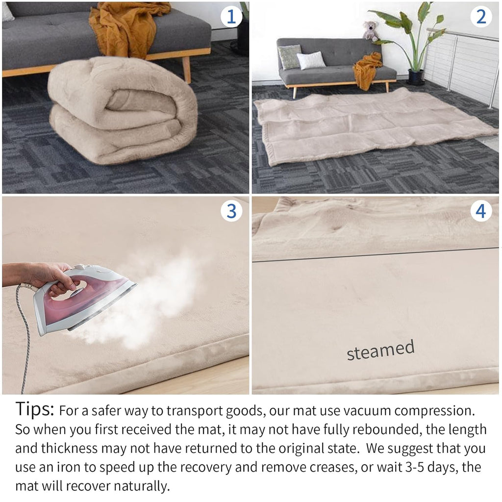 Baby Play Mat for Floor, 1.3" Thick Elasti-Foam 50x50 Playpen Mat for Toddlers Infant kids,Water-Repellent Soft Coral Velvet for Tummy Time, Non-Slip Backing for Crawling,Tatami Style(Beige)