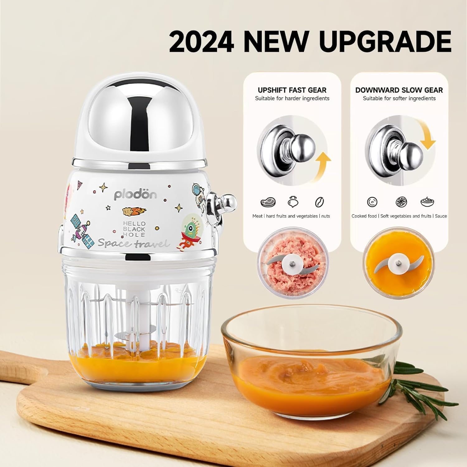 Baby Food Maker Mini Cute and Small Food Processor Puree Blender Grinder Chopper 1.2 Cup Glass Bowl with 6 Blade Electric (Spaceman-White)