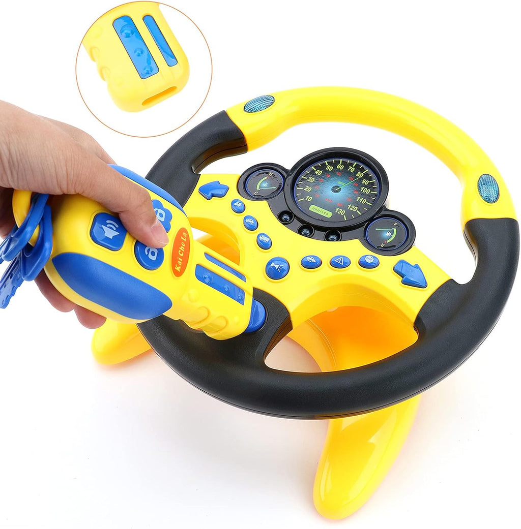 deAO Kids Steering Wheel for Backseat with Car Key Pretend Driving Simulated Driving Steering Wheel Toy with Light and Music Gifts for Kids (Yellow)