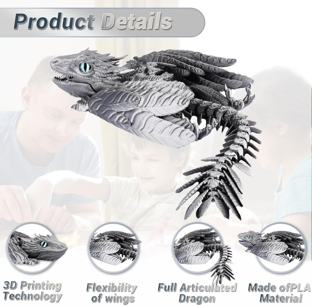 3D Printed Dragon with Wings 3D Printed Animals Articulated Dragon Fidget Dragon 3D Printed Toys Dragon Toy Desk Pets Home Office Decor (Sliver)