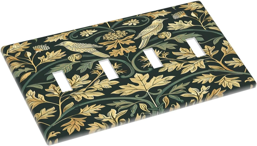 Light Switch Covers William Morris Vintage Botanical Birds Golden Green Leaves Quad Toggle Electrical Faceplate 4 Gang Wall Plate Decorative Switch Plates for Bedroom Home Decor