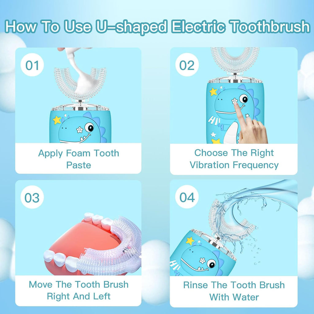 Kids Electric U Shaped Toothbrush,Kids Sonic Full Mouth Toothbrush with 4 Soft Brush Head Automatic Rechargeable 6 Cleaning Modes IPX7 Waterproof 360 Degree Cleaning - Age8-15 Blue