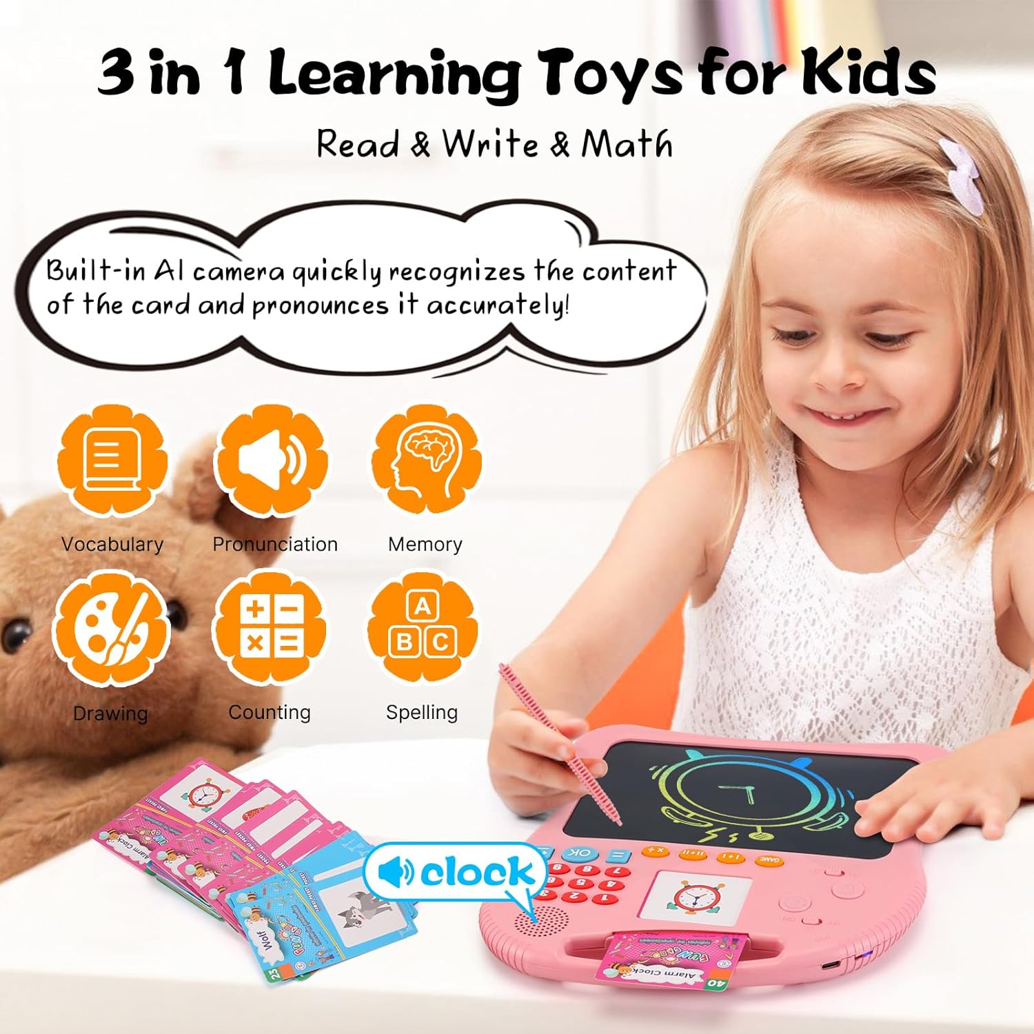 Kids Educational Learning Toys with Math Games,Talking Flash Cards and Writing Drawing Tablet, Speech Therapy Autism Sensory Toys Gifts for Toddler Preschool Activities Boys Girls Ages 3-10 (Pink)