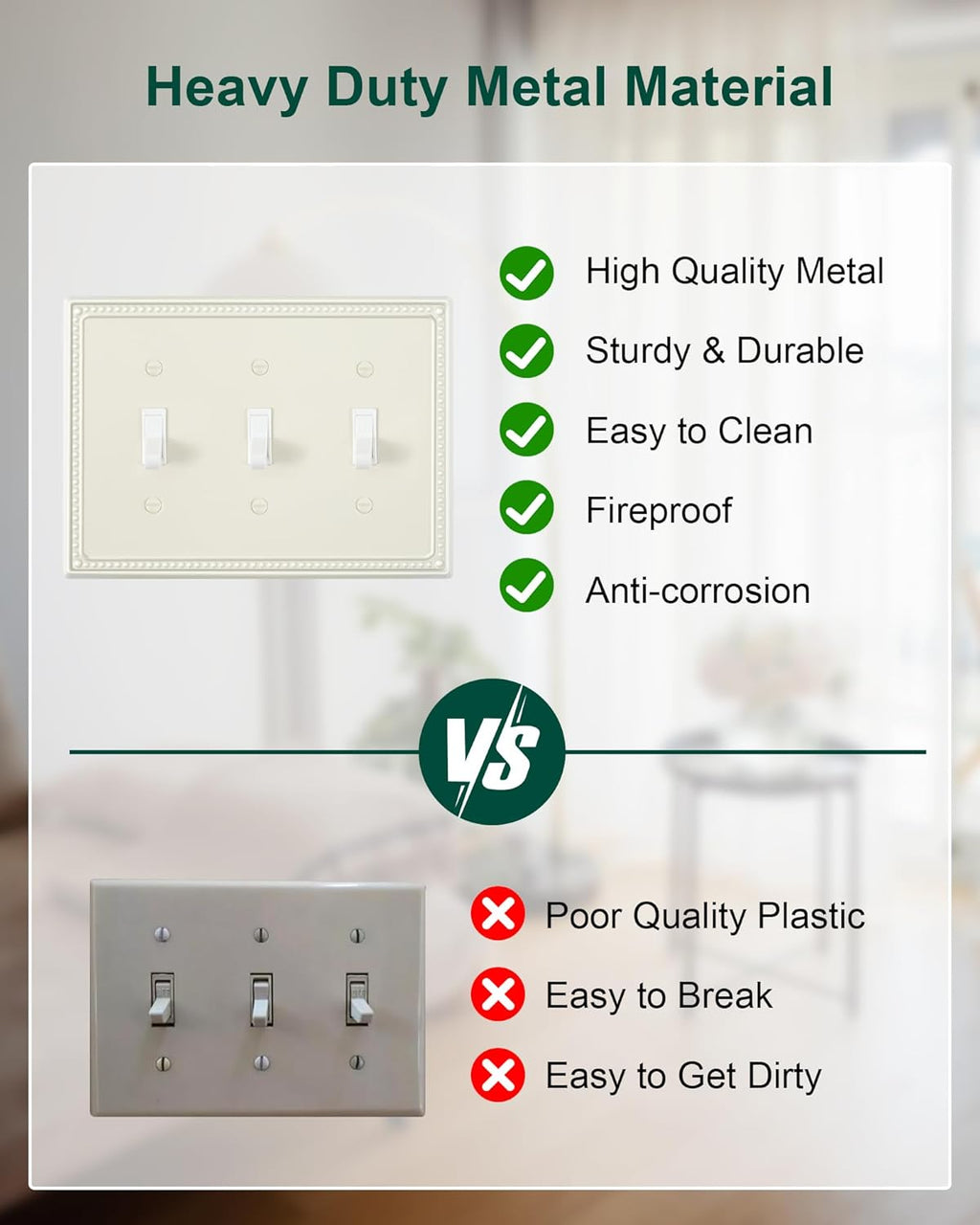 2-Pack Triple Toggle Light Switch Cover Plate, Pearls Decorative Switch Plate Covers, Light Almond 3 Gang Metal Wall Plate, Corrosion Resistant