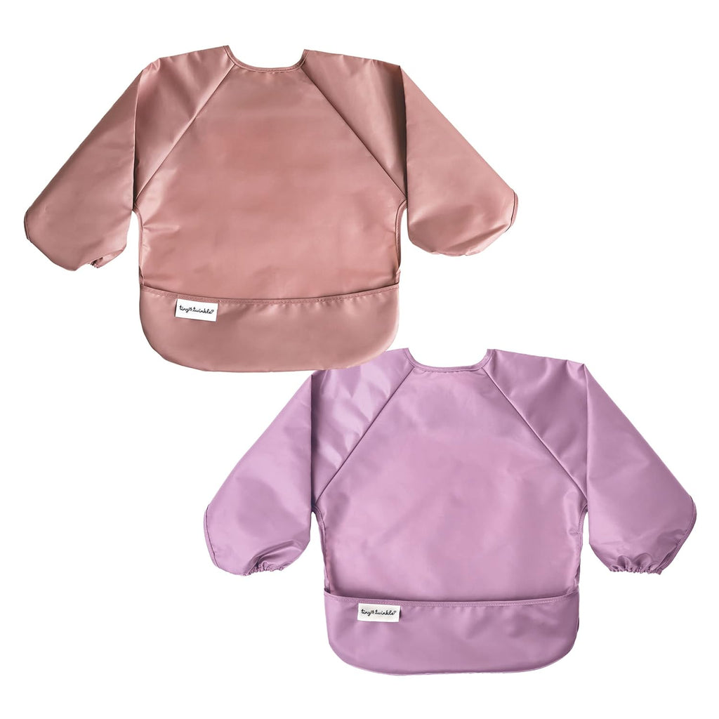 Tiny Twinkle Mess Proof Baby Bibs, 2pk Waterproof Smock Baby Bibs for Eating, Machine Washable Long Sleeve Bibs, Baby Led Weaning, Toddler Bibs, BLW Supplies (Taupe Lilac, Small 6-24 Months)