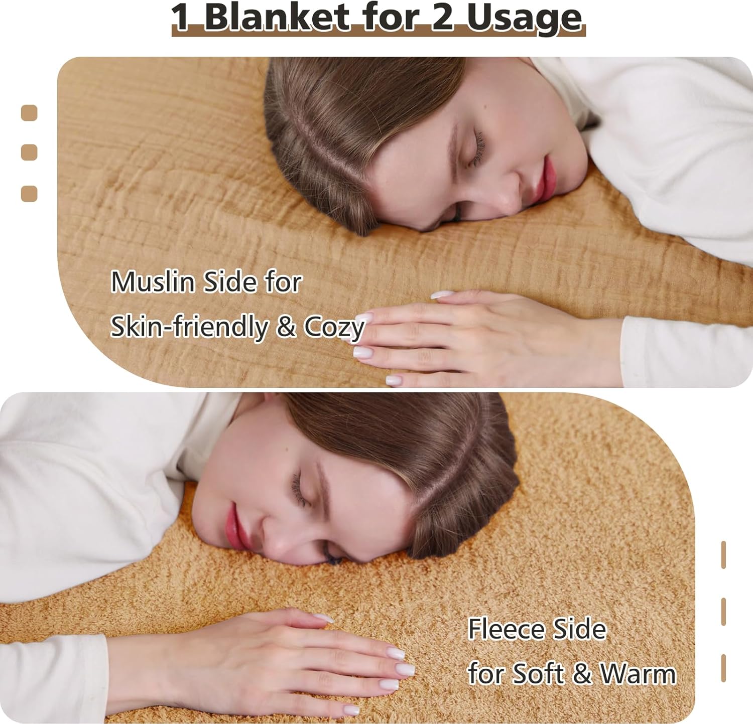 EMME Muslin and Fleece Throw Blanket Reversible - 50"*60" Beige Soft Warm Throw Blankets for Couch Bed Picnic Travel Bed