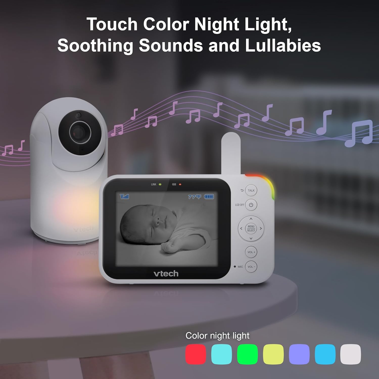 VTech Video Baby Monitor with Camera and Audio, 3.5" LCD Screen, Pan-Tilt-Zoom, 2-Way Talk, VOX Mode, Night Light, Lullabies, Soothing Sounds, Temperature Sensor, Long Range, No WiFi: VM4263 (White)