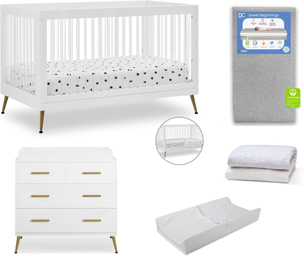 Delta Children Sloane Crib 7-Piece Baby Nursery Furniture Set–Includes: Convertible Crib, Dresser, Changing Top, Crib Mattress, Fitted Sheets, Toddler Guardrail & Changing Pad, White w/Melted Bronze