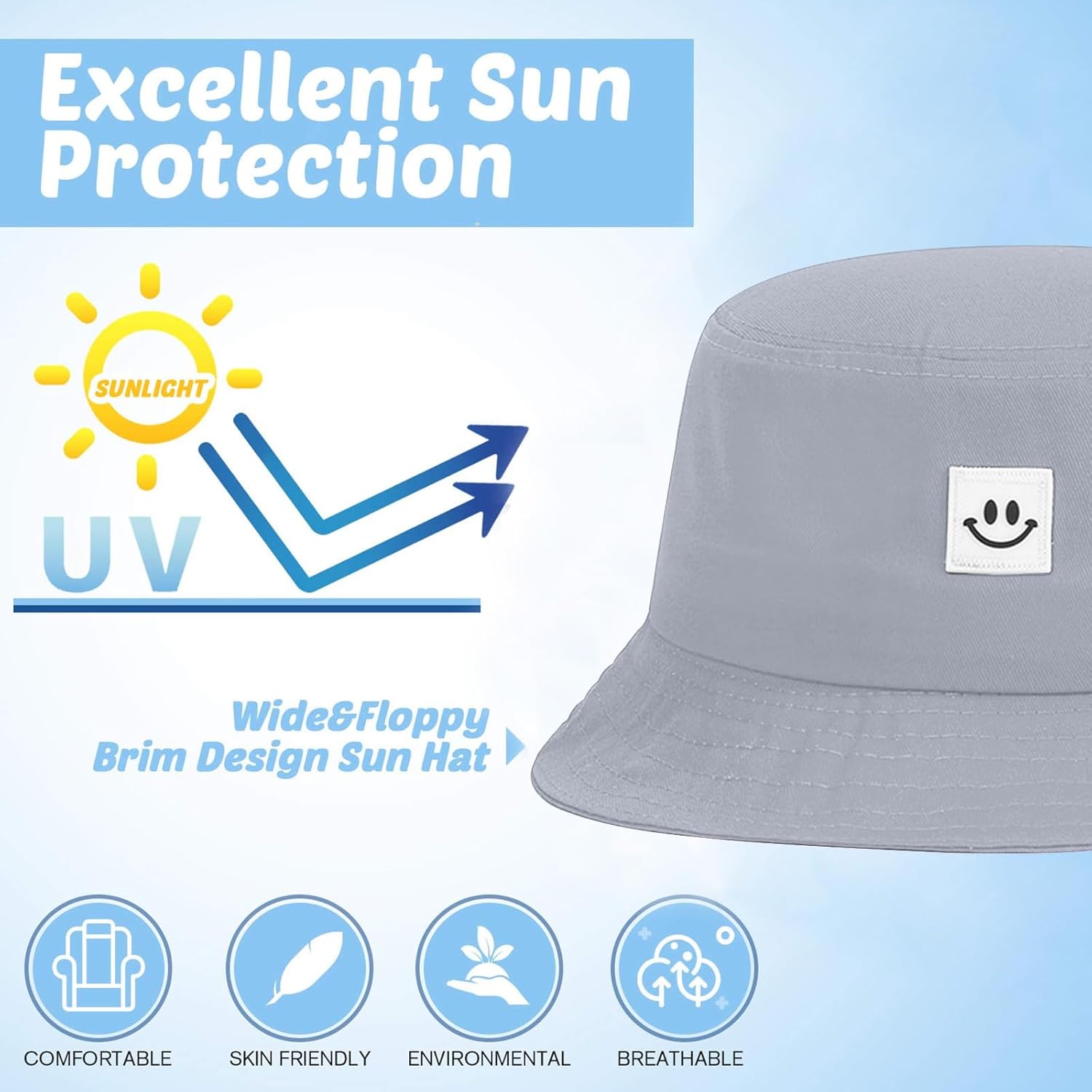 Kids Sun Hat Smile Face Bucket Hat for Girls Boys Summer Sun Protection Cotton Unisex Beach Cap