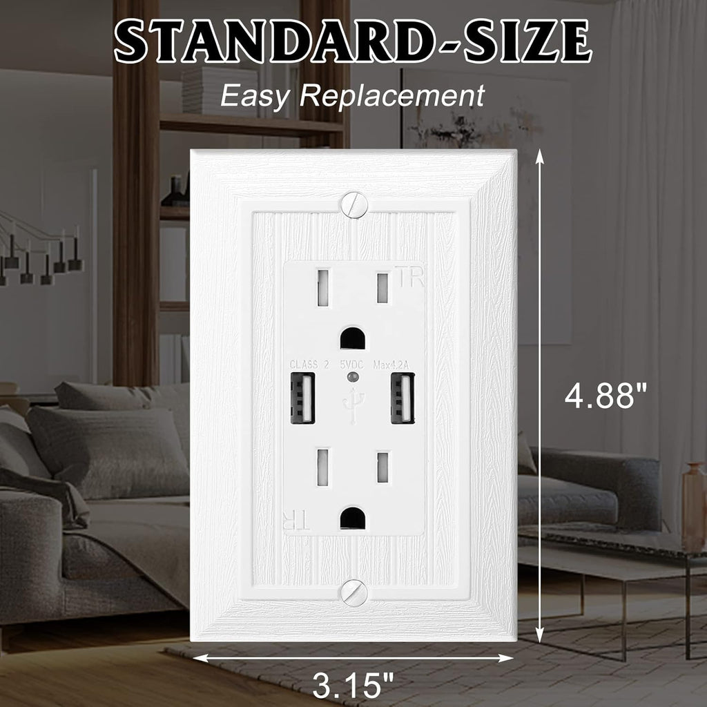 Modern Decorative Wall Plate Switch Plate Outlet Cover, Vintage Retro Wood Grain Design(Single Decorator-10 Pack, White)