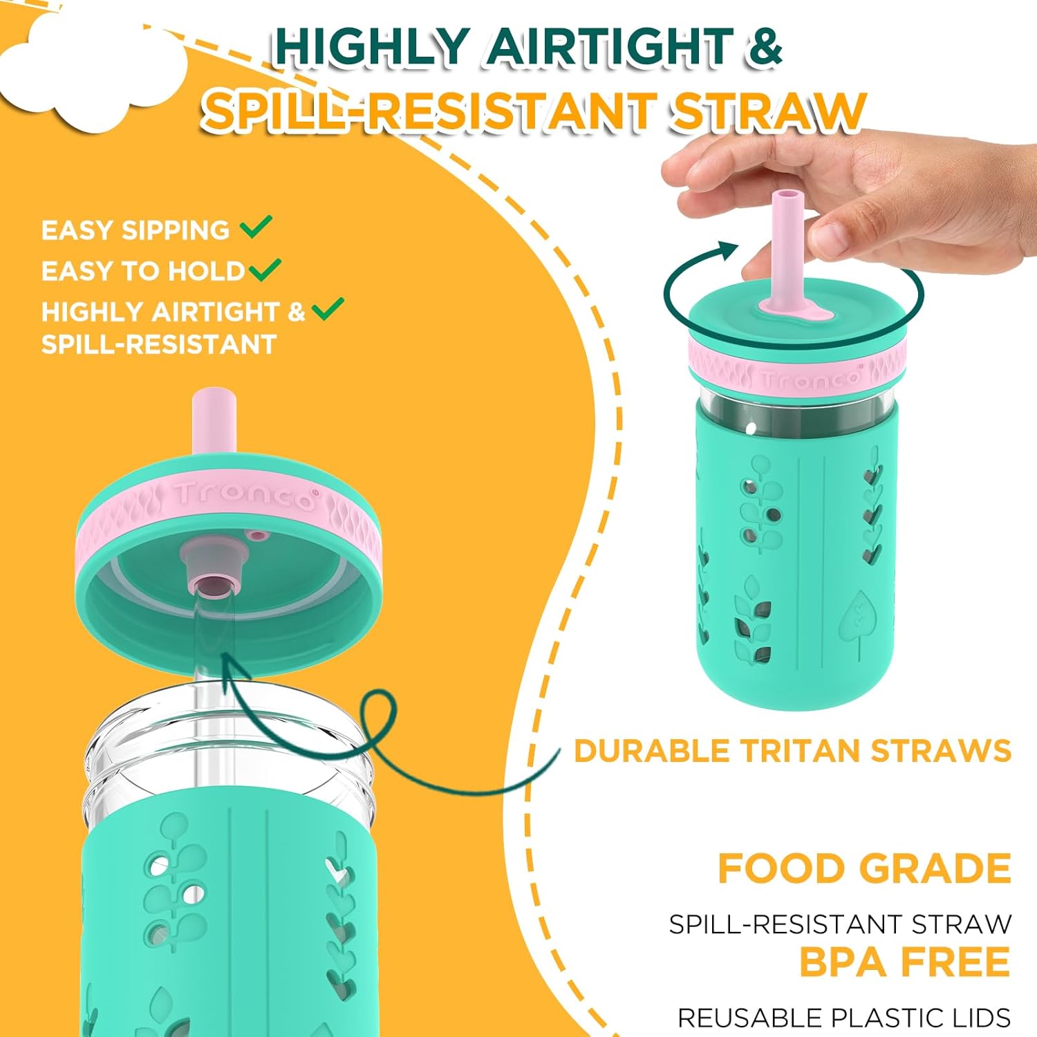 Tronco 12 oz Glass Sippy Cup for Kids & Toddlers | Mason Jar Smoothie Cups with Spill-Proof Silicone Straws, Non-Slip Silicone Sleeves & Lids, BPA-Free Snack Cups, Dishwasher Safe