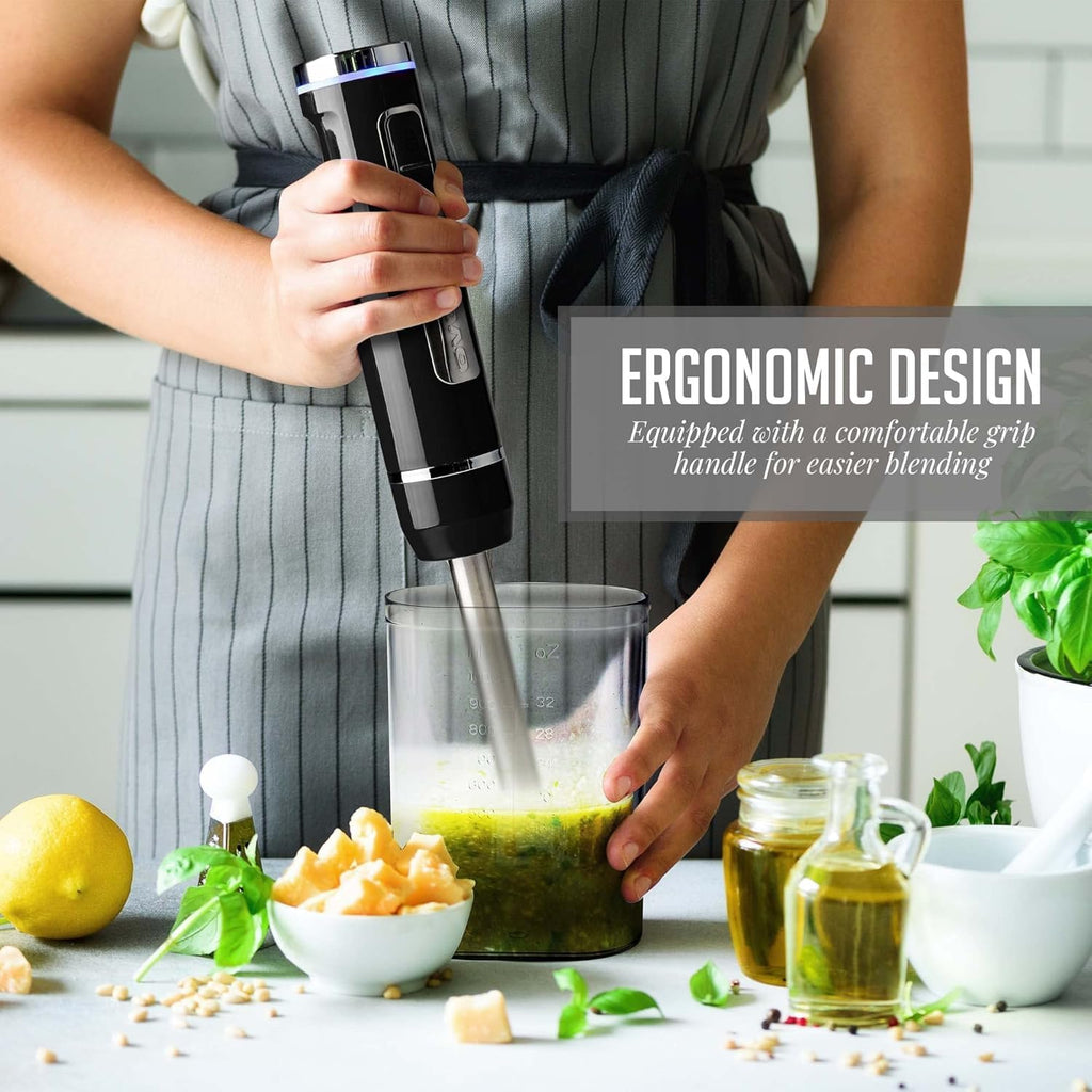 OVENTE Cordless Immersion Hand Blender, Rechargeable Handheld Portable Stick Mixer with 8 Mixing Speed Option, One-Touch Control and Stainless Steel Blades for Smoothies, Shakes or Soups, Black HR781B