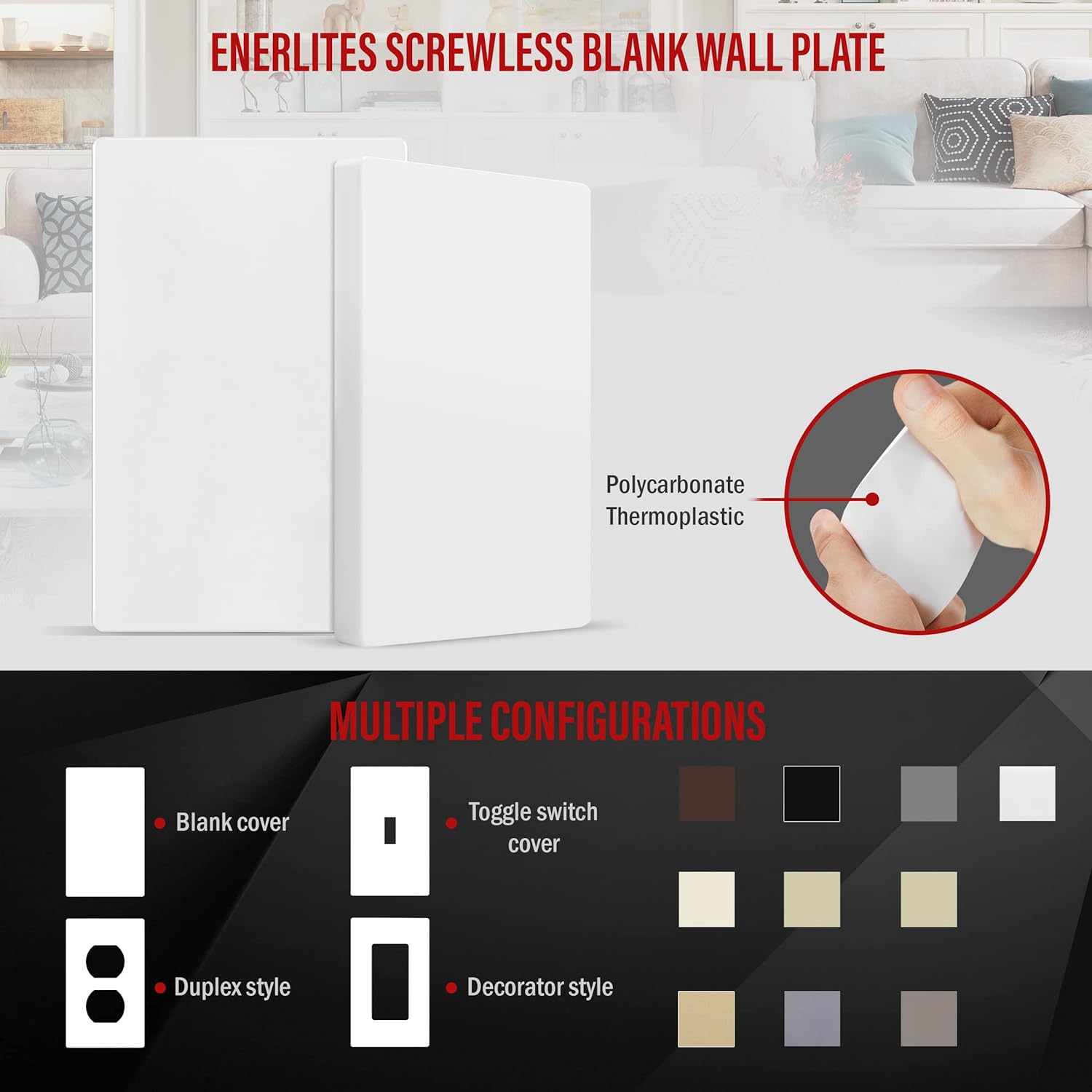 ENERLITES Screwless Blank Wall Plate, Child Safe Blank Device Outlet Cover, Standard Size, 1-Gang 4.68" x 2.93", Polycarbonate Thermoplastic, UL Listed, SI8801-W, Glossy, White