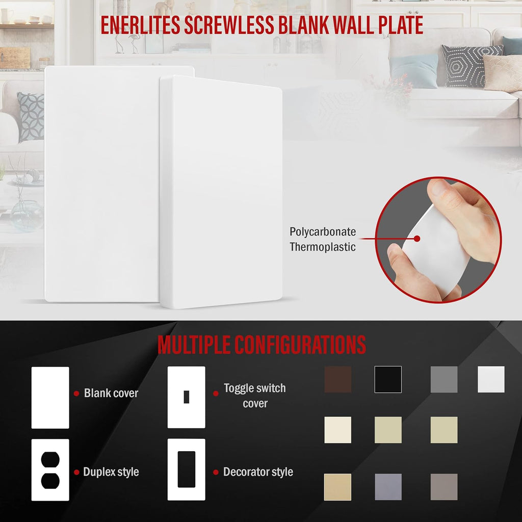 ENERLITES SI8801-W-5PCS, Screwless Blank Wall Plate, Child Safe Blank Device Outlet Cover, Standard Size, 1-Gang 4.68" x 2.93", Polycarbonate Thermoplastic, UL Listed, Glossy, White, 5 pack