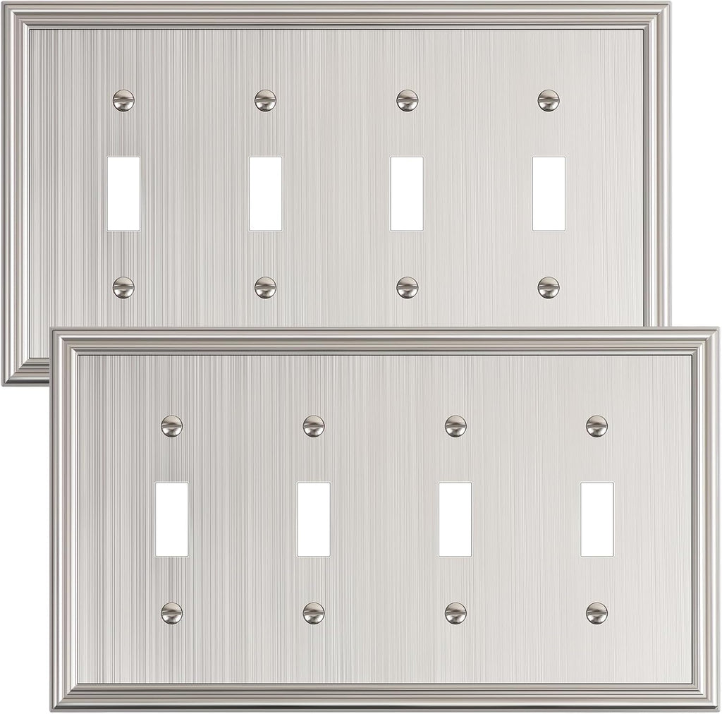 2-Pack Quad Toggle Light Switch Cover Plate, Durable Zinc Alloy Decorative Switch Plate Covers, Brushed Nickel 4 Gang Wall Plate for Toggle Light Switch and Rotary Dimmer Switch
