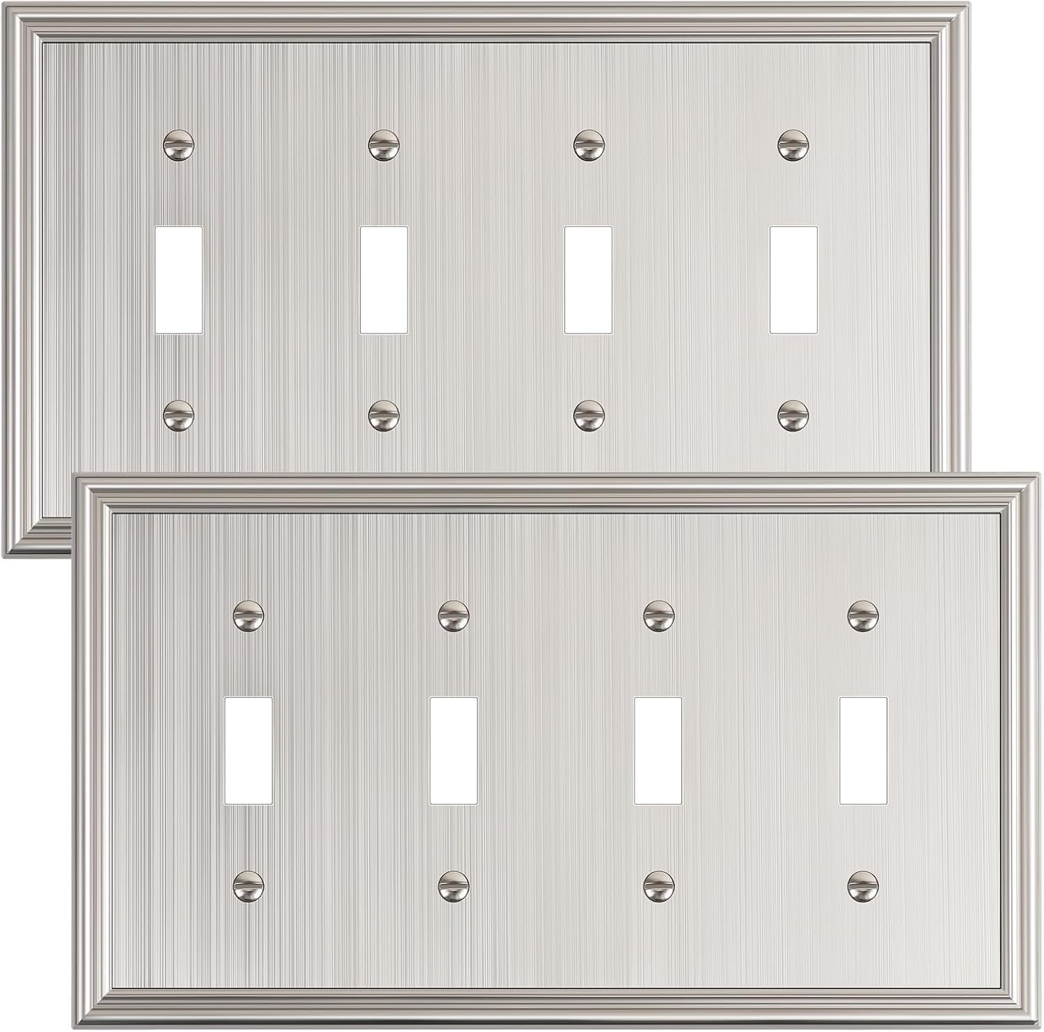 2-Pack Quad Toggle Light Switch Cover Plate, Durable Zinc Alloy Decorative Switch Plate Covers, Brushed Nickel 4 Gang Wall Plate for Toggle Light Switch and Rotary Dimmer Switch