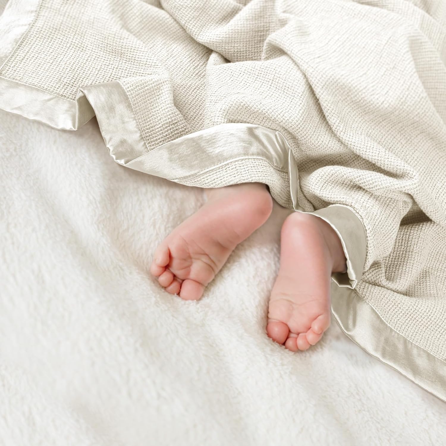 lulumoon Swaddle Baby Blanket: Waffle Blanket with Satin Trim - Breathable Toddler Blankets Perfect for Nursing Cover and Playtime - Cotton Crib Quilt for Daytime Naps 40"x36"(Cream)