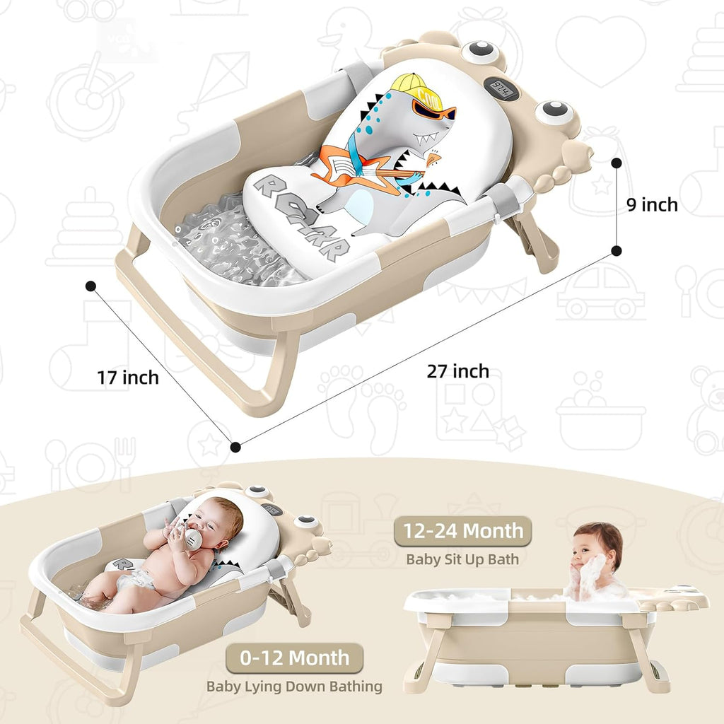 Collapsible Baby Bathtub for Infants to Toddler with Real-time Temp Monitor+Floating Cushion,Foldable Baby Bath Tub Set Applicable 0-36 Month,Portable Travel Baby Tub for Newborns Boy (Beige)