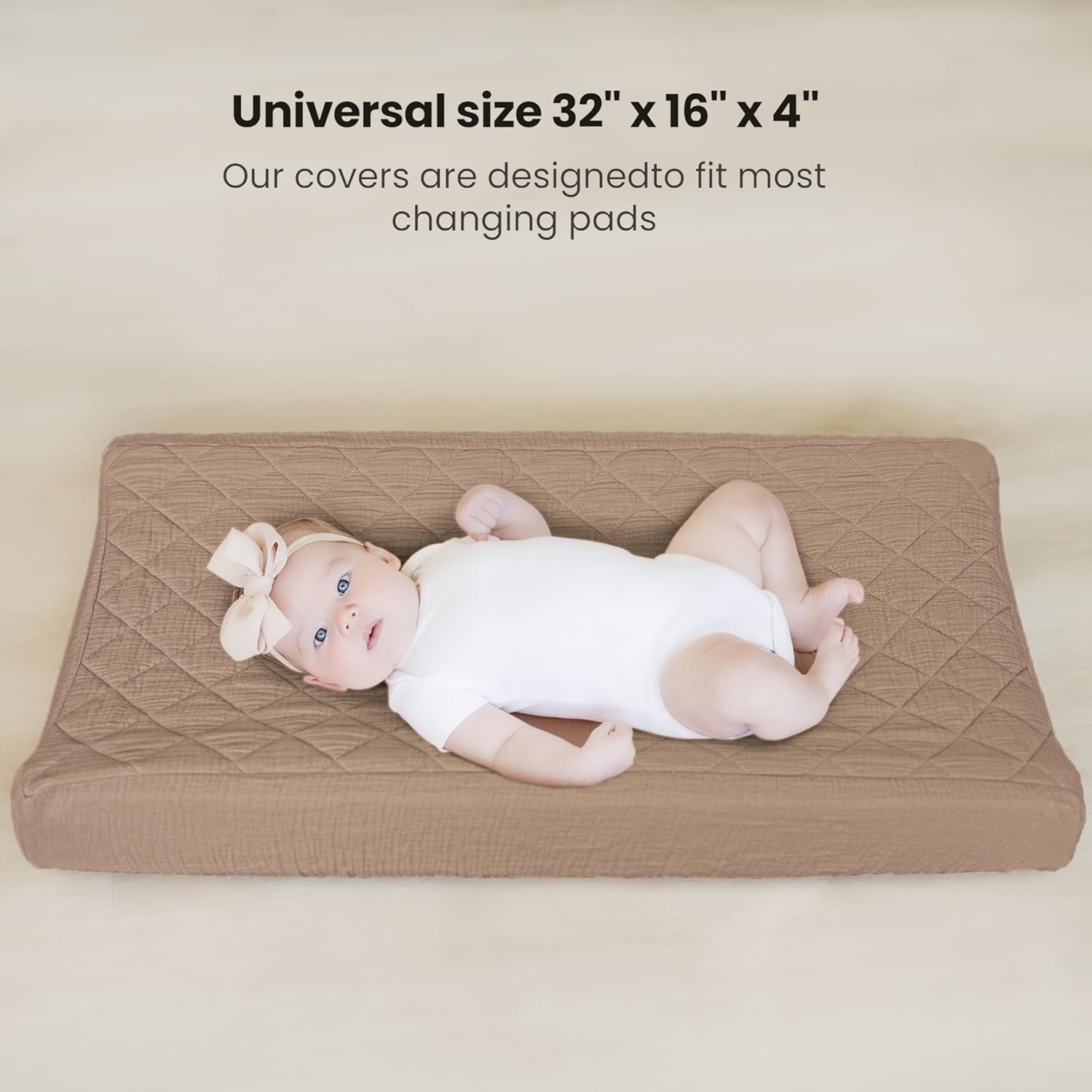 Konssy Waterproof Muslin Changing Pad Cover 2 Pack, Quilted Cotton Fitted Diaper Changing Table Cover, Soft Changing Pad Sheets for Girls Boys (Brown, Cream)