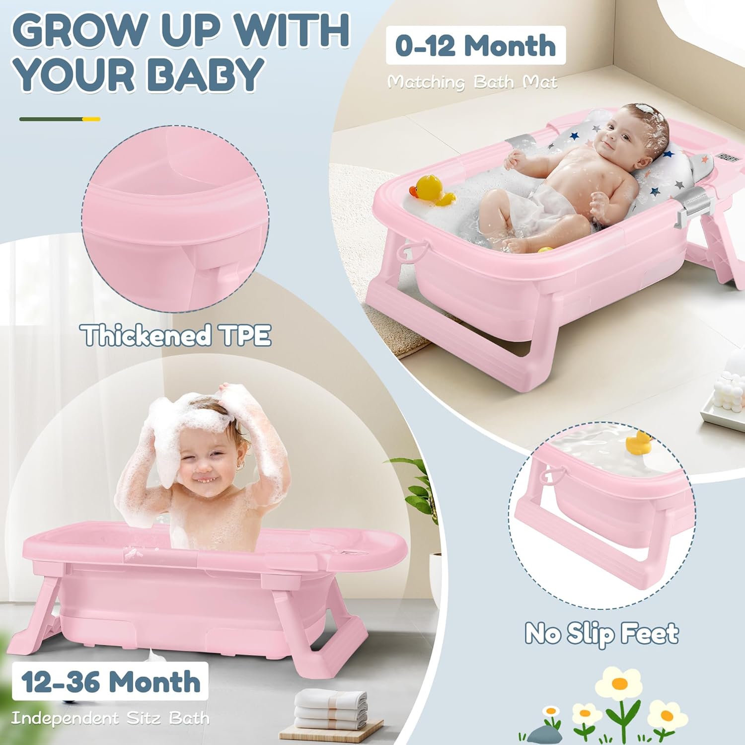 Collapsible Baby Bathtub,Baby Bath Tub with Thermometer & Soft Cushion,Baby Bathtub for Newborn to Toddler 0-36 Months,Portable Travel Baby Tub with No-Slip Feet,Baby Shower Gifts,Pure Pink