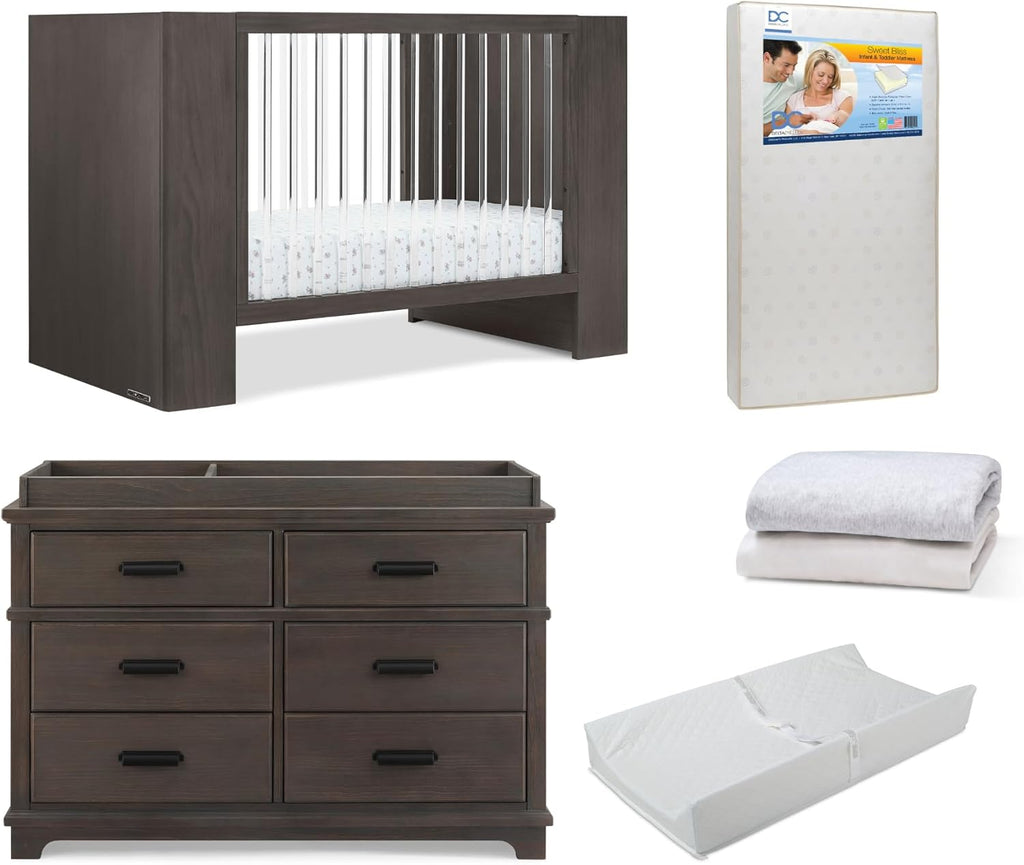 Delta Children Aerin Crib 6-Piece Baby Nursery Furniture Set–Includes: Convertible Crib, 6 Drawer Dresser, Changing Top, Crib Mattress, Sheets & Changing Pad, Rustic Grey