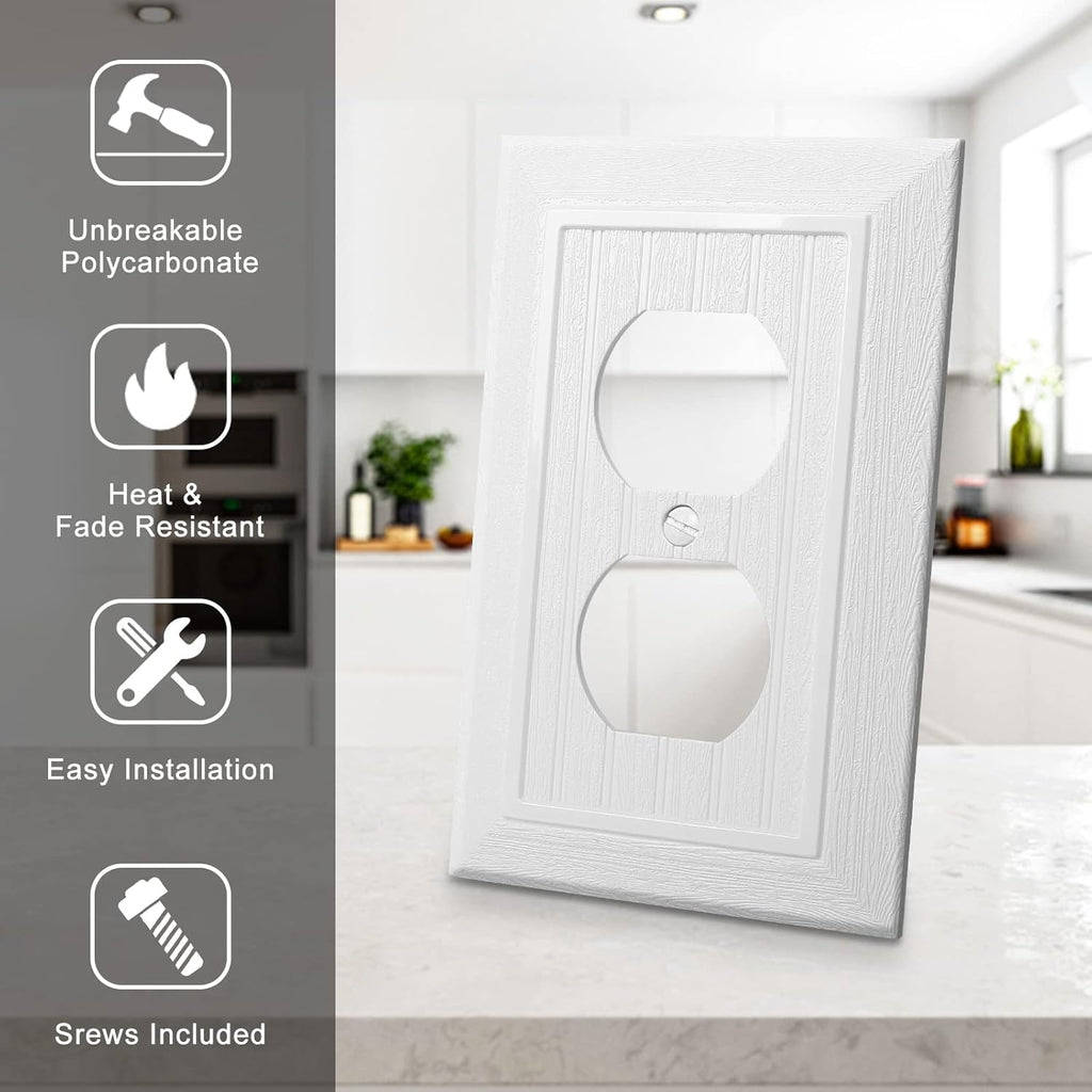 Modern Decorative Wall Plate Switch Plate Outlet Cover, Vintage Retro Wood Grain Design(Single Duplex-4 Pack, White)