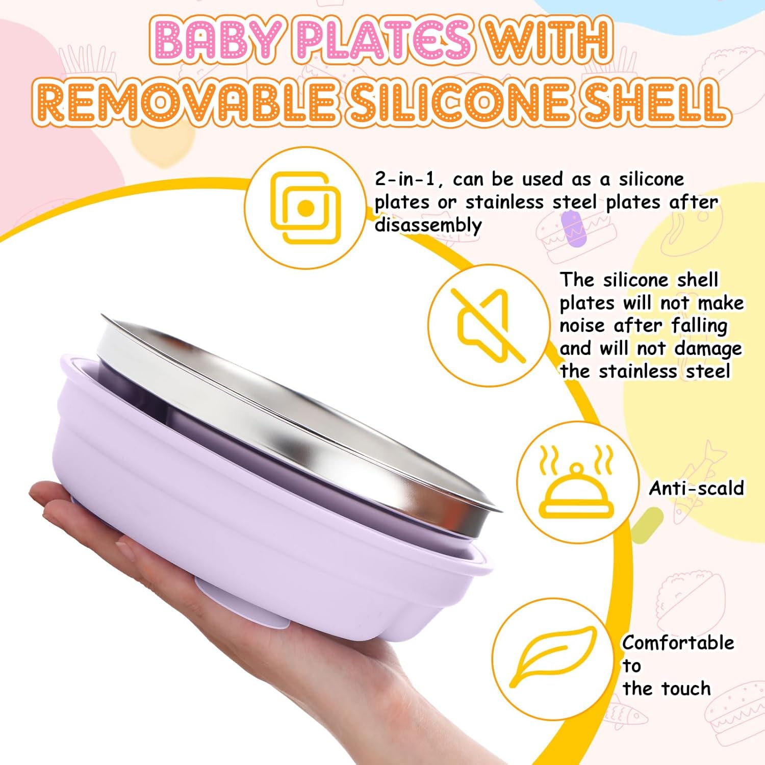 Nuogo 4 Pcs Stainless Steel Baby Suction Plates with Removable Silicone Shell 2-in-1 Metal Toddler Bowl Divided for Picky Eaters Kid Feeding Led Weaning Supply, Dishwasher Safe (Macaron Series)