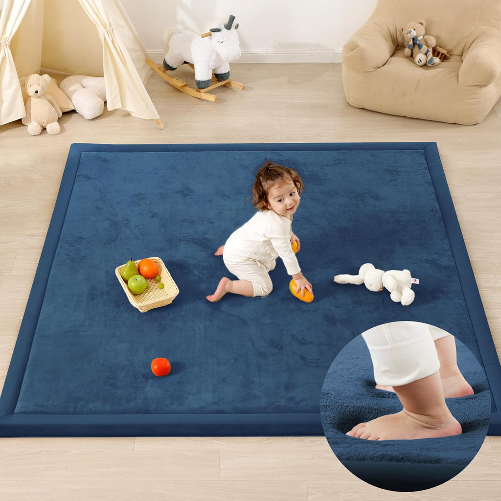 Ultra Soft Baby Play Mat,79"×79" Extra Large Activity Tummy Time Mat for Toddlers,Infants,Kids,1.3" Thick Elasti-Foam Nursery Rug for Floor,Non-Slip Safe for Crawling,Water-Repellent(Royal Blue)
