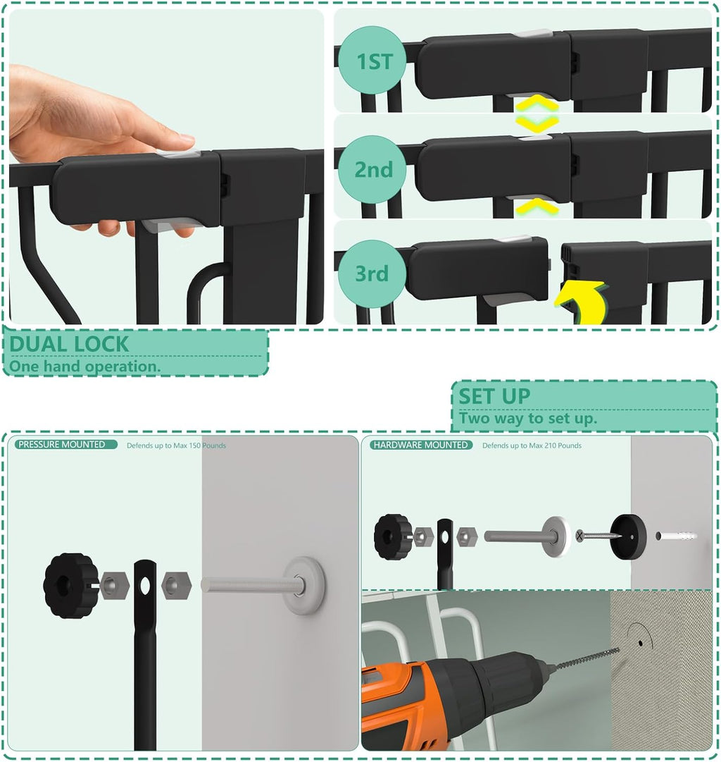 51" Extra Tall Cat Gate for Doorway Auto Close Encrypted Cat Gate 28.5"-48.7" Adjustable Width Pet Gate Include 5.5" and 8.26" Extension Kits No Drilling Pressure Mount Kit