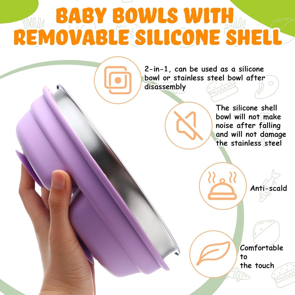 Nuogo 2 Pcs Stainless Steel Baby Suction Plates with Removable Silicone Shell 2-in-1 Metal Toddler Bowl Divided for Picky Eaters Kids Feeding Led Weaning Supplies, Dishwasher Safe (Purple,Green)