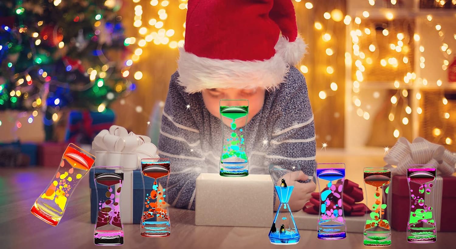 Red Green Liquid Motion Bubbler Timer for Holiday Stocking Stuffers Set of 1, Liquid Bubble Drop Oil Water Hourglass Sensory Toys for Autistic Relaxing Activity, Office and Home