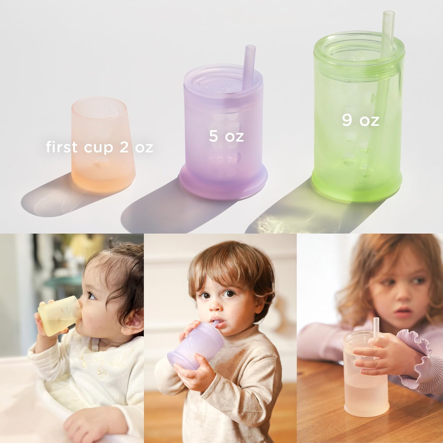 Olababy First Cup | Clear Sense 100% Silicone Infant Trainer Cup | 2oz Medicine Cup for Newborn | Non-Slip & Sloping Design for Tiny Hands & Baby Led Weaning (Lilac/Coral, 2 Cups)