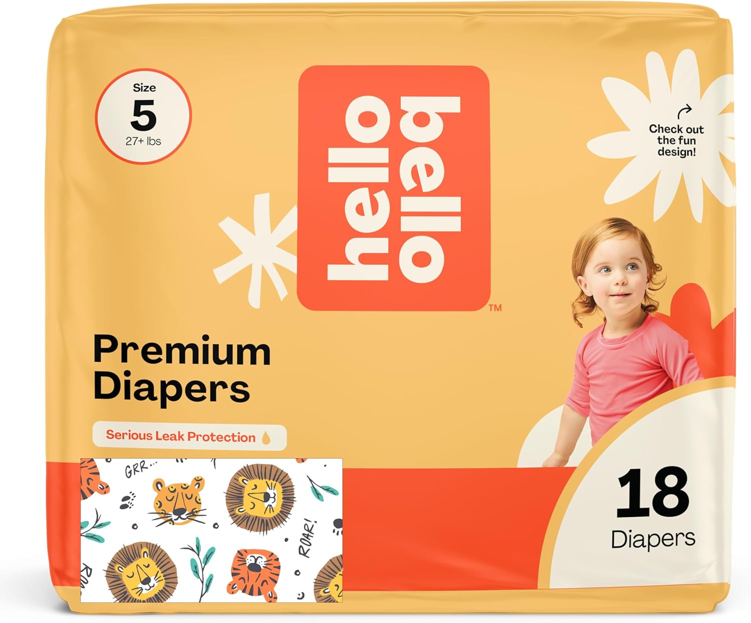 Hello Bello Diapers, Size 5 (27 lbs) Wild Cats, 18 Count of Premium Disposable Baby Diapers, Hypoallergenic with Soft, Cloth-Like Feel