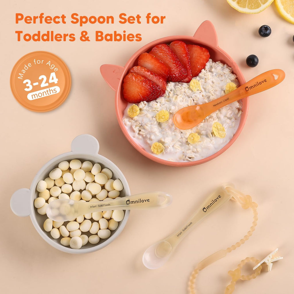 Silicone Baby Spoons 2-Pack with Case, New Born Self Feeding Toddler Spoon, Baby Led Weaning Supplies, Toddler Utensils with Safety Chain, Baby Eating Essentials, Dishwasher Safe