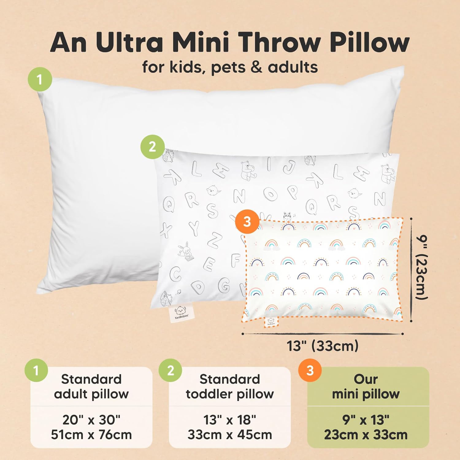 Mini Toddler Pillow with Pillowcase - 9x13 My Little Dreamy Travel Kids Pillow for Sleeping, Toddler Bed, Small, Tiny, Organic Cotton Pillowcase, Soft & Breathable, Kids 2-4 Years Old (Jolly Rainbow)