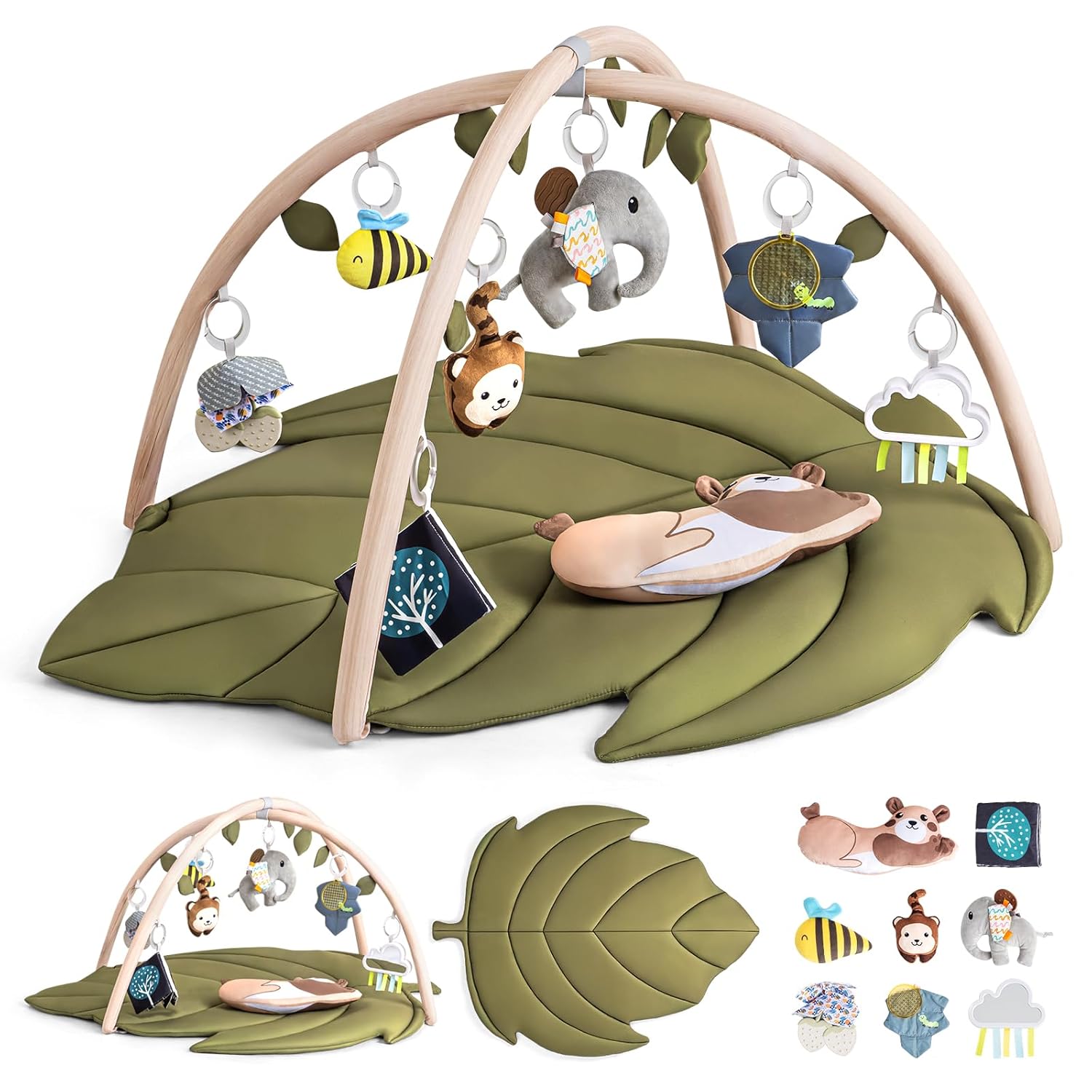 Infant Activity Center for Newborn to Develop Motor Cognition Leaves Leaf-Shaped Baby Play Gym & Activity Mat Extra Large Tummy Time Mat with 8 Detachable Toys