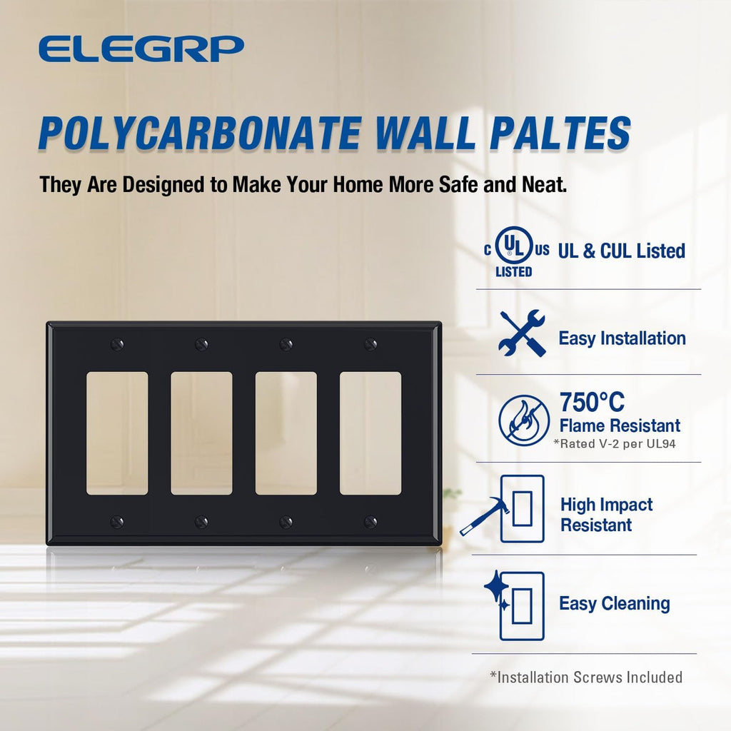 ELEGRP 4-Gang Decorative Wall Plates, Mid-Size 4.88" H x 8.57" L Unbreakable Thermoplastic Faceplate Cover for Decorator Receptacle Outlet Switch, UL Listed (2 Pack, Glossy Black)