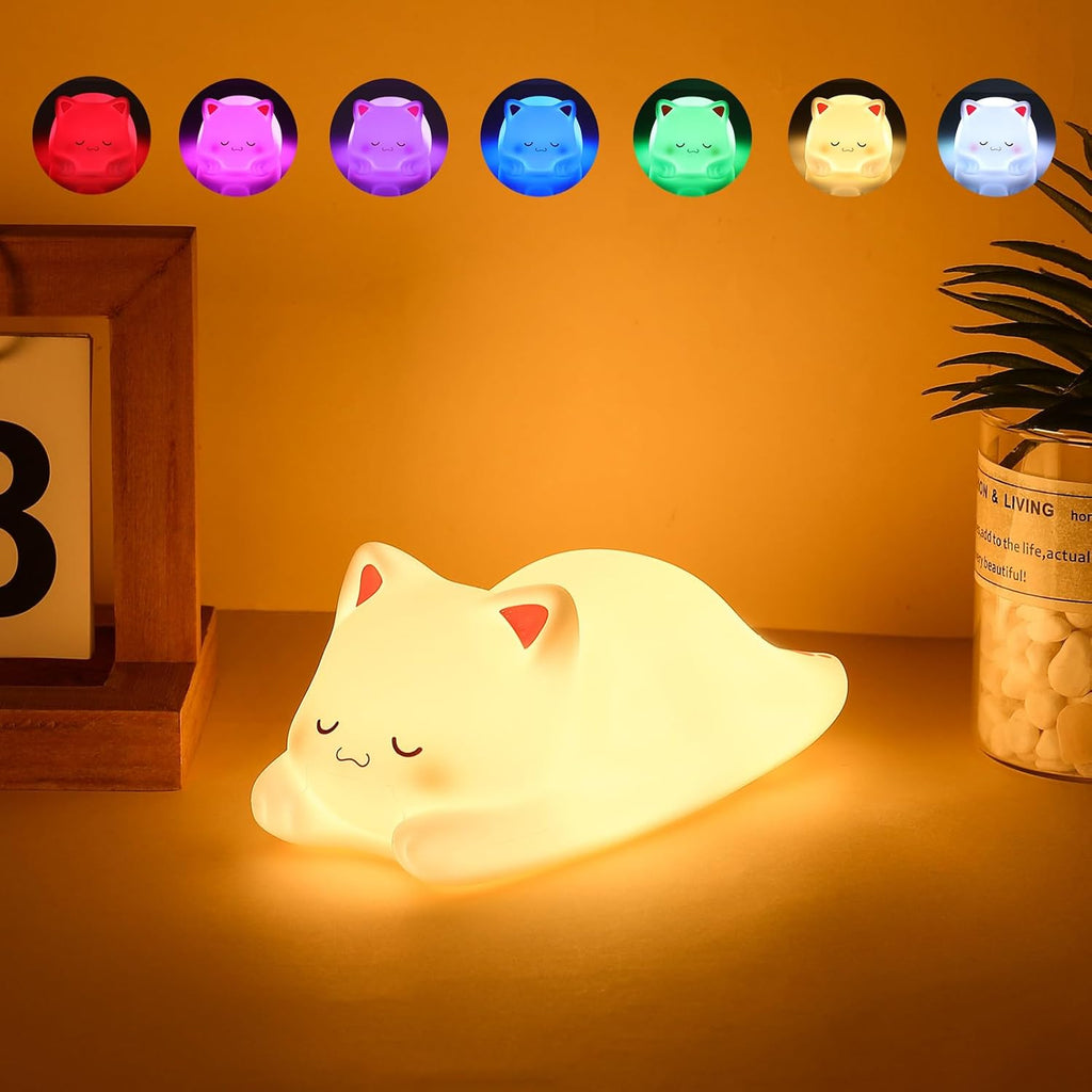 Tremdwoto Cat Night Light for Kids,Cute Colorful Night Light Baby Girl Squishy Night Light Lamp 1/3 Hour Timer Kitty Light Dimmable Nursery Lamp Nightlight (cat -Sleeping)