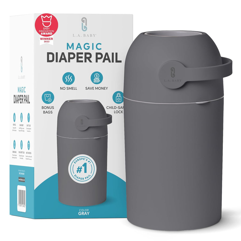 L.A. Baby Magic Diaper Pail - Patented 100% Odor-Free System with Child-Safe Lock - Award-Winning Design - No Refills Required - Works with Regular Trash Bags - Gray
