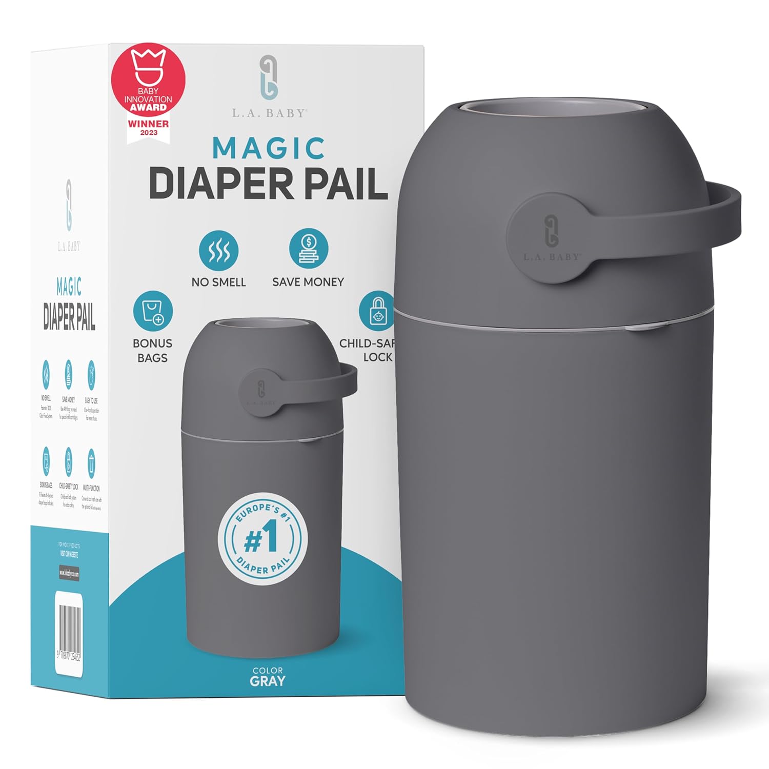 L.A. Baby Magic Diaper Pail - Patented 100% Odor-Free System with Child-Safe Lock - Award-Winning Design - No Refills Required - Works with Regular Trash Bags - Gray