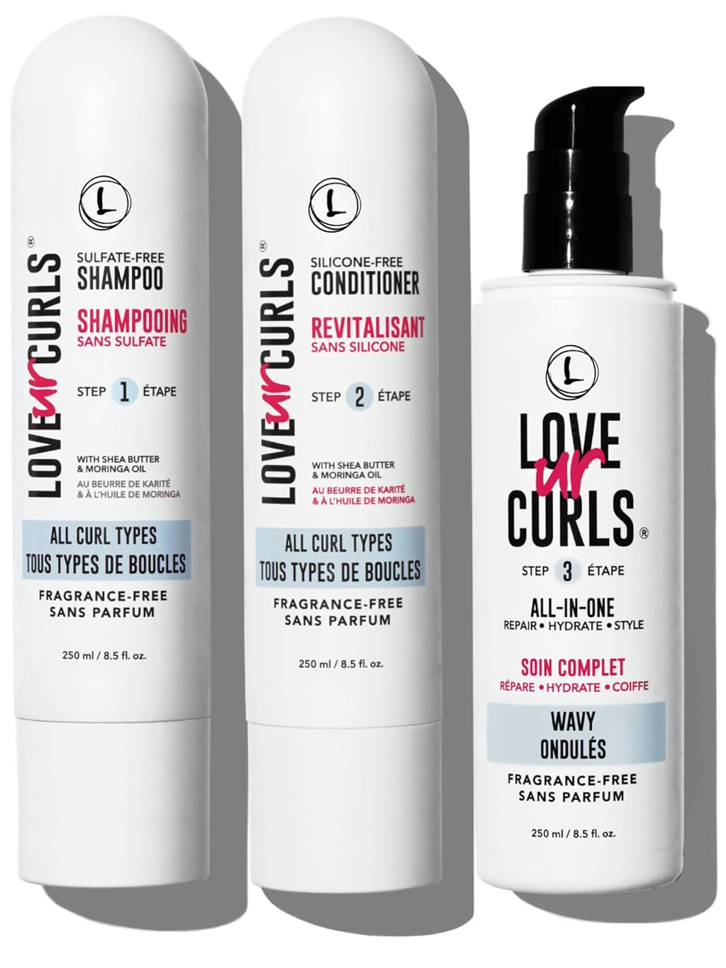 Love Ur Curls Fragrance Free Curly Shampoo and Conditioner Set with All in One Curl Cream Styler for Wavy Hair, 3 Step System to Repair, 200 mL