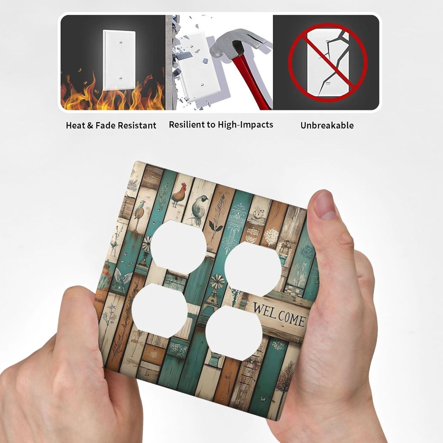 Outlet Covers Vintage Wood Brown Turquoise Splicing 2 Gang Double Duplex Decorative Light Switch Covers Electrical Wallplates Socket Faceplate For Farmhouse Cabin Decor